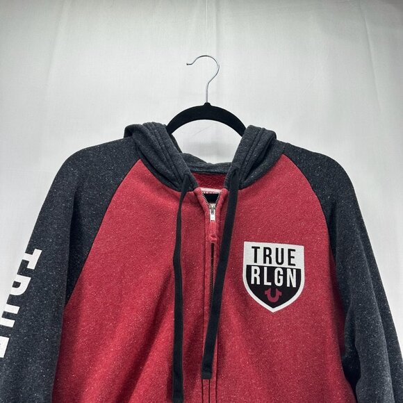 True Religion Hoodie Mens L Colorblock Fleece Full Zip Sweatshirt Red Black - Picture 4 of 14